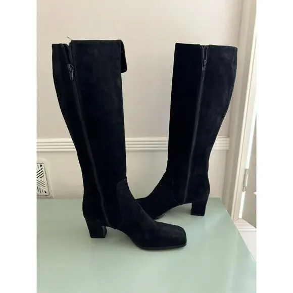 YVES SAINT LAURENT VTG Square Toe Black Suede Knee Boots Block Heels Sz 7.5 YSL - Picture 2 of 16